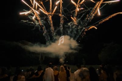 Un feu d'artifice illumine le ciel nocturne, observé par une foule rassemblée dans l'obscurité.