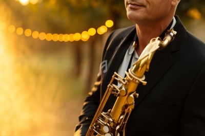 Un homme en costume tenant un saxophone, debout en extérieur au coucher du soleil avec des guirlandes lumineuses en arrière…