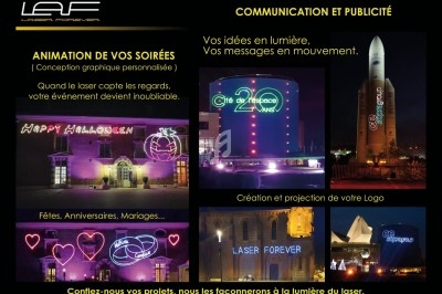 Projection lumineuse de messages et logos personnalisés sur des bâtiments pour des événements et célébrations.