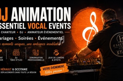 Un DJ en pleine performance avec une table de mixage, logo et texte promotionnel pour des événements en Occitanie.